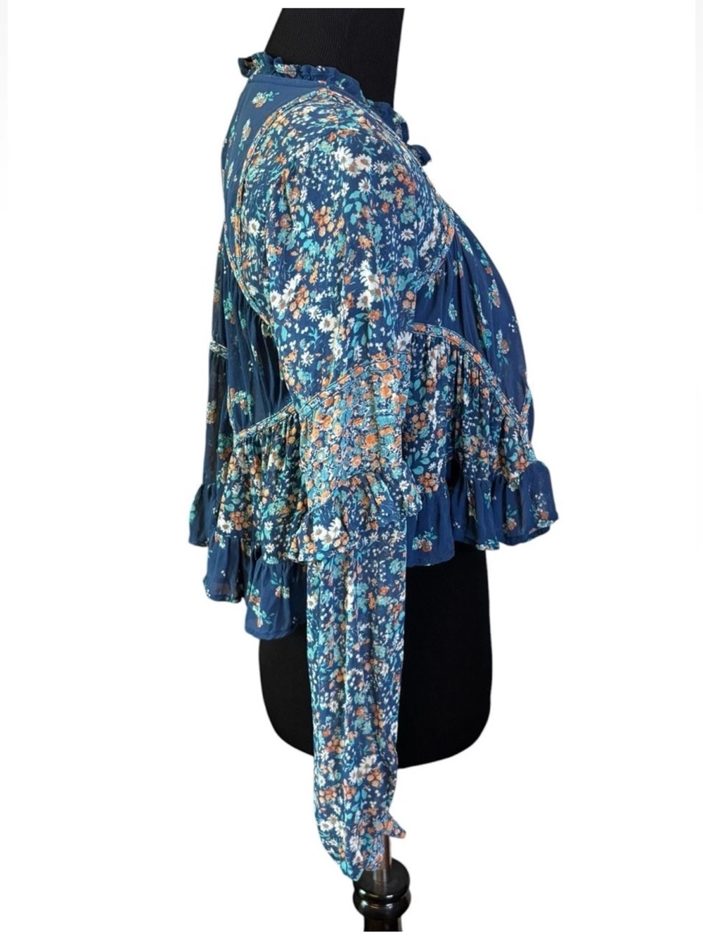 Anthropologie Sheer Babydoll Blouse Blue Floral XS Extra Small Boho Flutter Top - Picture 5 of 7
